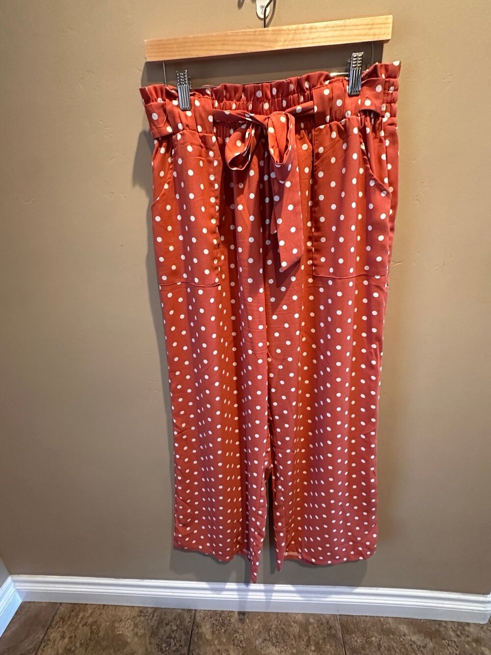 Women’s Coral Polka Dot Wide Leg Pants Tie Waist Size XL